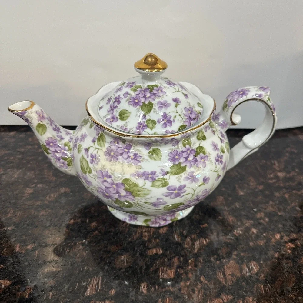 Victorias Garden Purple Violets Floral Porcelain Teapot Gold Trim China Glossy